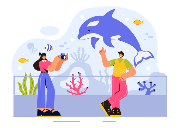 水族館の中のカップル  イラスト