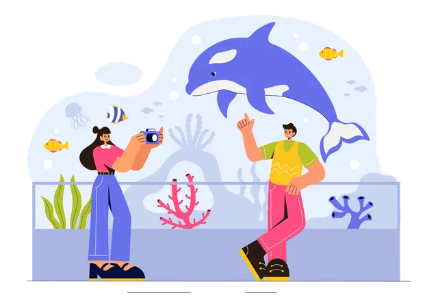 水族館の中のカップル  イラスト