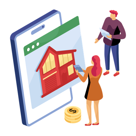 Couple investissant dans l'immobilier en ligne  Illustration