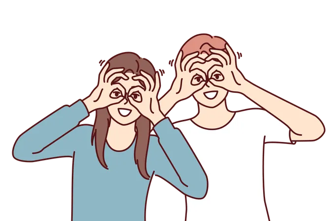 Funny Man And Woman Make Binoculars From Fingers And Look At Screen Smiling To Cheer Themselves Up Or Friends Funny Guy And Girl Bring Hands To Eyes Demonstrating Glasses Gesture Illustration