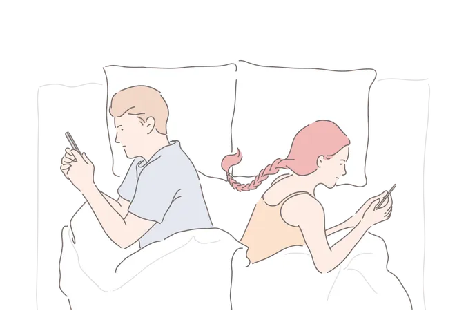 Relationship Trouble Mobile Phone Addiction Marriage Crisis Concept Girlfriend And Boyfriend Lying In Bed With Smartphones Modern Lifestyle Problem Communication Problem Simple Flat Vector 일러스트레이션