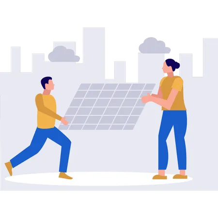 Boy And Girl Are Carrying Solar Plate Illustration