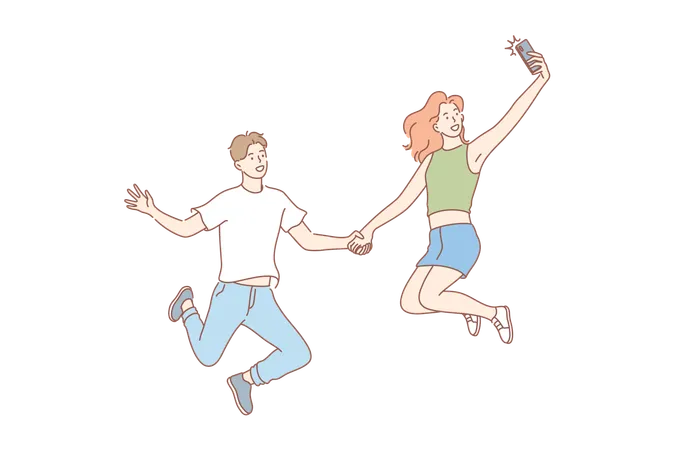 Jumping People Selfie Couple Leisure Concept Jumping People Man And Woman Boyfriend Girlfriend Or Teenagers Couple In Love Taking Selfie On Smartphone For Social Media Modern Lifestyle Illustration