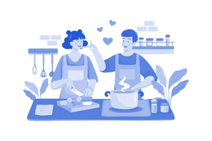 Couple Is Cooking Together Illustration
