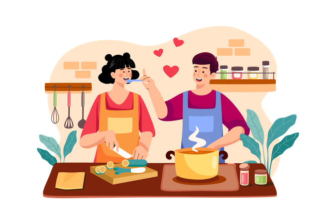 Couple Is Cooking Together  Illustration