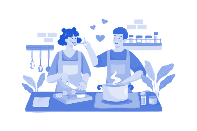 Couple Is Cooking Together  Illustration