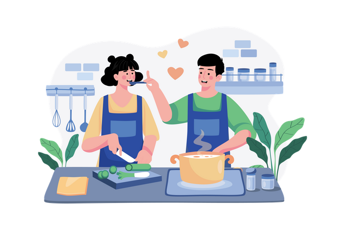 Couple Is Cooking Together  Illustration