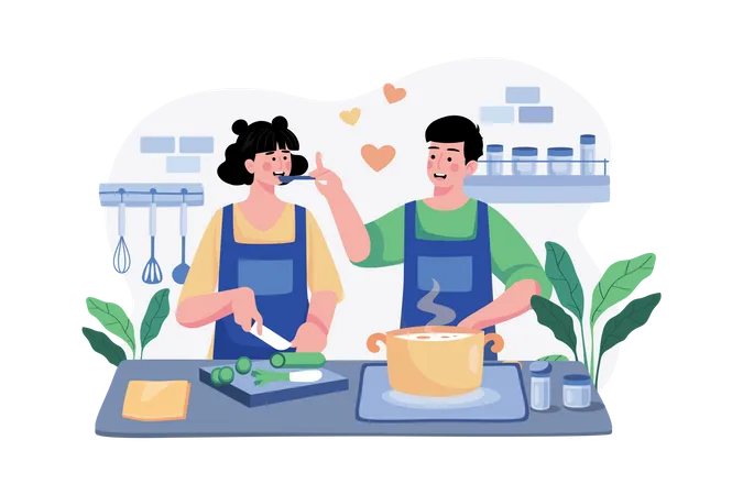 Couple Is Cooking Together  Illustration