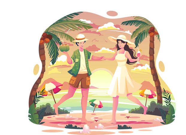 Couple is dancing at the summer beach party in the afternoon  Illustration