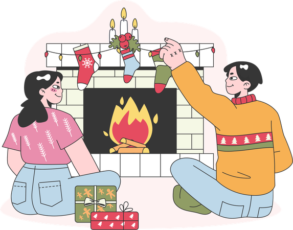 Couple is decorating their home for christmas celebration  Illustration