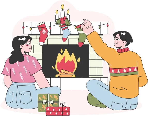 Couple is decorating their home for christmas celebration  Illustration