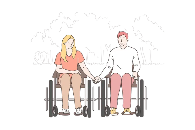 Disabled People Romantic Relationship Concept Handicapped Couple In Park Young Woman And Man In Wheelchairs Wife Holding Hands With Husband Happy Family Spending Time Together Simple Flat Vector Illustration