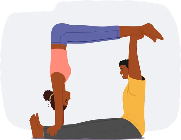 Blissful Black Couple Engages In Acro Yoga Intertwining Limbs With Grace And Balance Their Bodies Create Harmonious Shapes Defying Gravity In A Serene And Elegant Display Of Trust And Connection Illustration