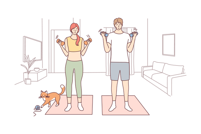 Couple is doing exercise using dumb bells  イラスト