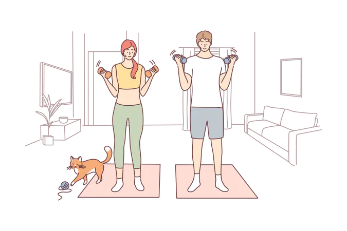 Couple is doing exercise using dumb bells  Illustration