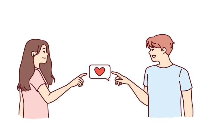 Boyfriend And Girlfriend Experience Love And Surge Of Romantic Mood And Point To Heart Icon Together Concept Of Mutual First Love Between Boy And Girl Of Adolescence Dressed In Casual Clothes Illustration