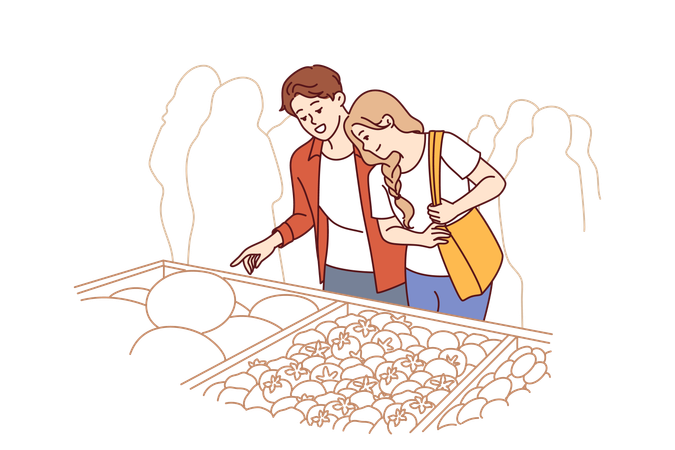 Couple is doing shopping in vegetable market  Illustration