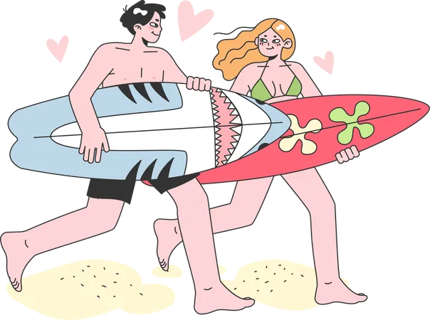 Couple is doing surfing on board  Illustration