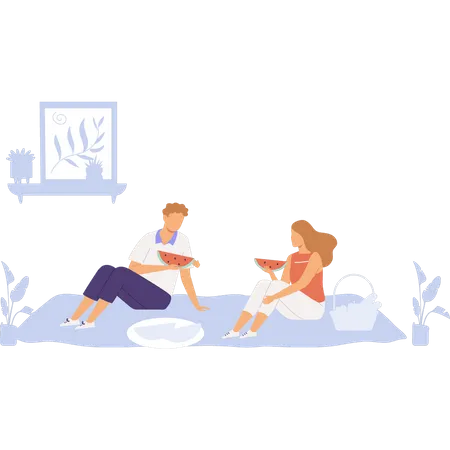 The Couple Is Eating Watermelon At The Weekend Illustration