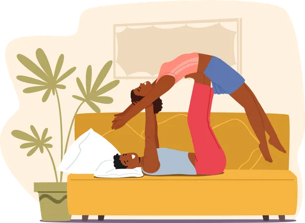 Graceful And Balanced Couple Engages In Acro Yoga Pose Lying On Sofa Forming Intricate Shapes That Blend Strength And Flexibility Creating Harmonious And Captivating Display Of Connection And Trust Illustration