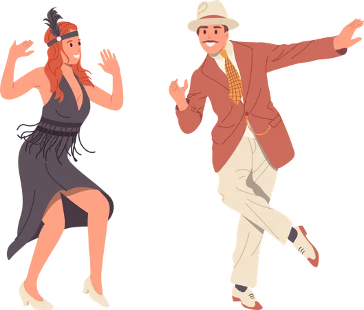 Elegant Retro Gentleman And Lady Cartoon Characters Dancing Charleston At Gatsby Party Entertainment Isolated On White Energetic Flapper Girl And Old Fashion Guy Moving To Music Vector Illustration Illustration