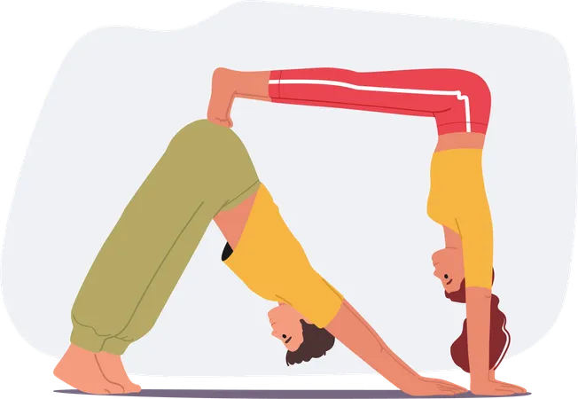 Couple Engages In Acro Yoga Poses In Graceful Harmony Forming A Captivating Blend Of Strength And Trust Characters Creating A Mesmerizing Display Of Balance And Connection Vector Illustration Illustration
