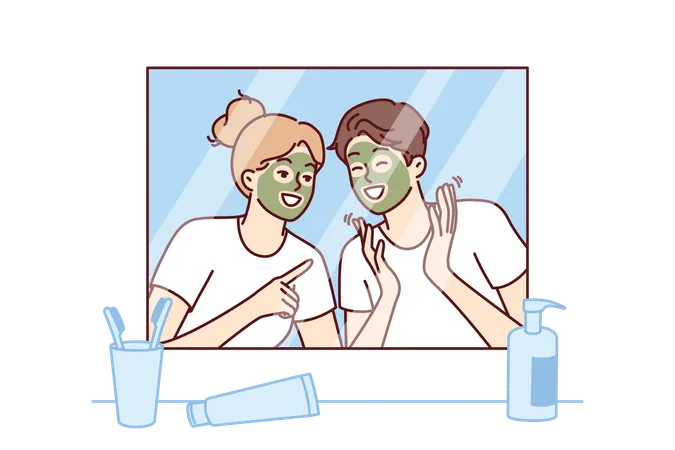 Cheerful Couple With Rejuvenating Mask On Faces Look In Mirror And Laugh Enjoying Joint Vacation Morning Young Happy Man And Woman With Mask For Rejuvenation And Removal Of Wrinkles From Face Illustration