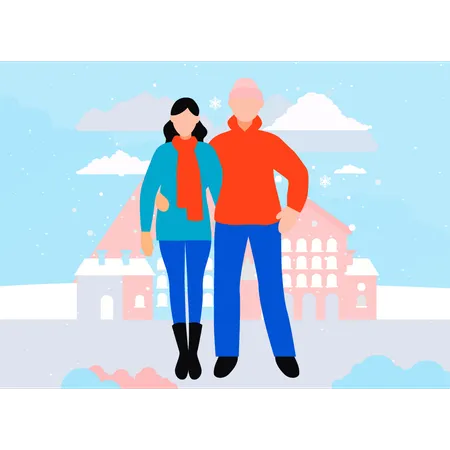 Couple Is Enjoying In Snow Illustration