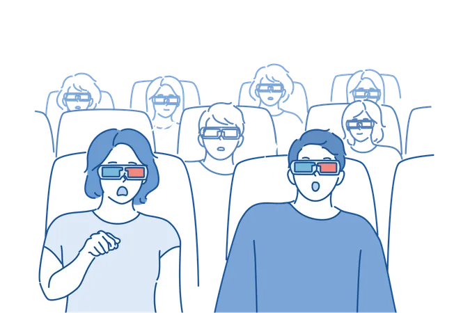 People Movie Concept Young Couple In Love Man Woman Boyfriend Girlfriend Characters Sitting In Cinema Or Theater Watching Eating Popcorn And Soda With 3 D Glasses Recreation Entertainment At Weekend Illustration
