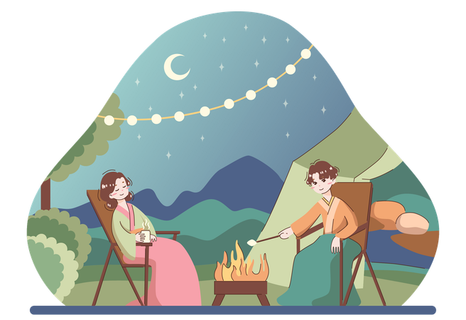 Couple is enjoying their camp bonfire  Illustration