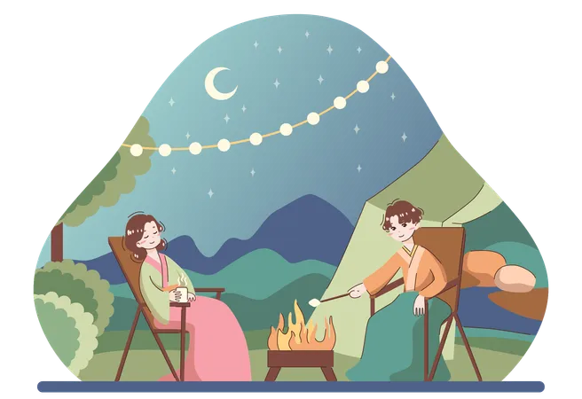 Couple is enjoying their camp bonfire  Illustration