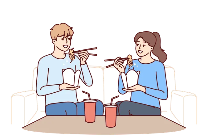 Couple Eat Boxed Wok Noodles Sitting On Couch Using Chopsticks Delivered From Chinese Restaurant Man And Woman Are Eating Asian Fast Food And Enjoying Taste Of Wok Bought In Takeaway Cafe Illustration