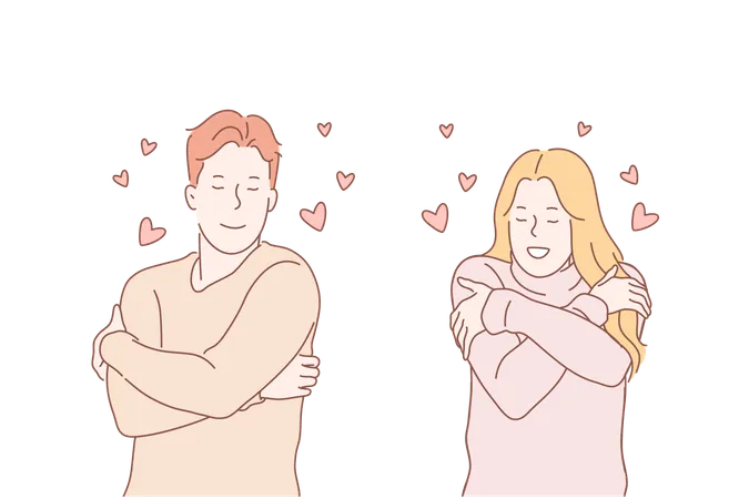 Family Selflove Relationship Concept Young Merry Couple Has Tender Relationship Contented Man And Merry Woman Is Very Selfloving All Happy Families Start From Huge Love Simple Flat Vector Illustration