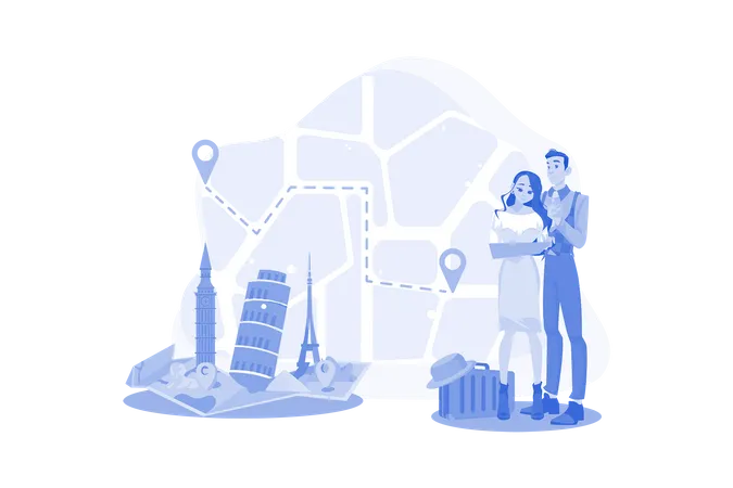 Couple is finding new places on the map  Illustration