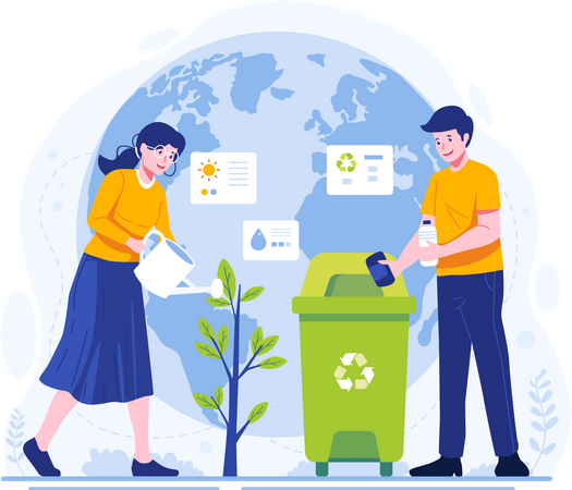 Couple is Gardening and watering a tree and throwing garbage in its place  Illustration