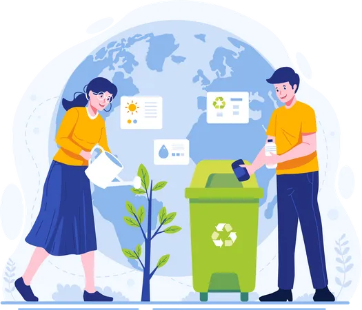 People Celebrate World Environment Day By Taking Care Of The Earth A Couple Is Gardening And Watering A Tree And Throwing Garbage In Its Place Vector Illustration Illustration