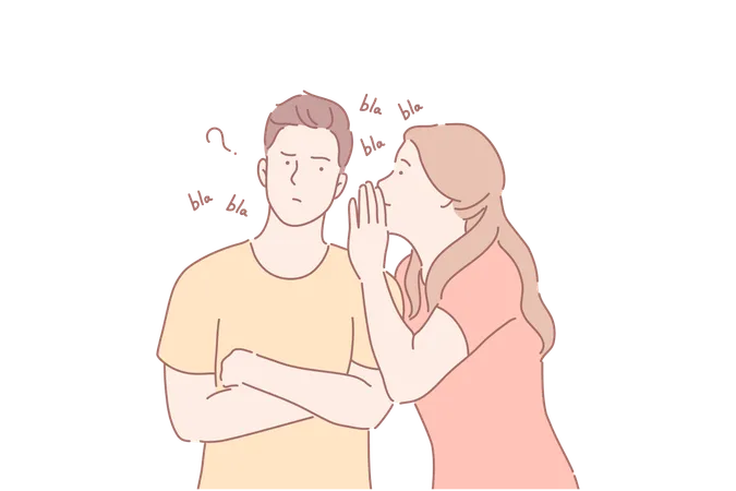 Spreading Rumours Gossiping Sharing Secrets Concept Young Girl Whispering In Mans Ear Female Intriguer Telling Secret Information Boy Confused With Annoying Gossiper Simple Flat Vector Illustration