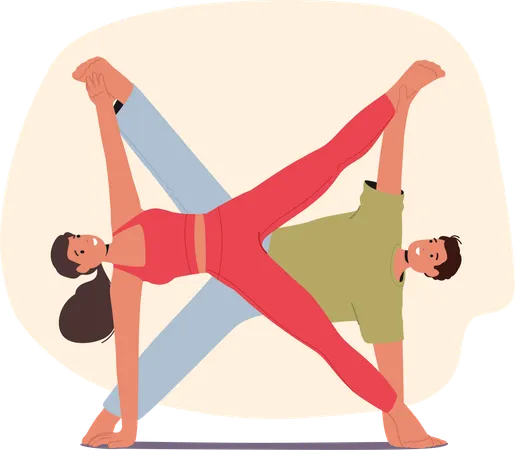 Harmonious Couple Balances Gracefully In Mesmerizing Acro Yoga Intertwining Limbs In Poses That Defy Gravity Creating Captivating Dance Of Strength Trust And Connection Cartoon Vector Illustration Illustration