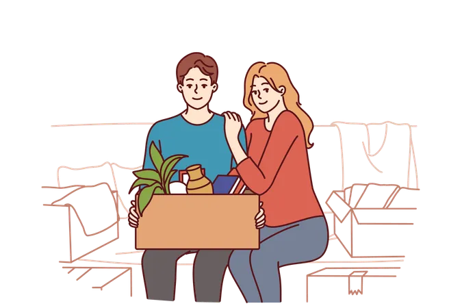 Happy Couple Is Sitting On Couch With Cardboard Box After Moving Into New House Or Buying Own Apartment Family Of Man And Woman Smile Happy About Renting Property In Elite Area And Moving Illustration