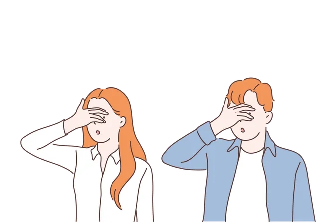 Turning Blind Eye Cartoon Concept Woman And Man Closing Eyes With Palm Gesture Looking Through Fingers People Refusing To Watch Peeking Avoiding Seeing Evident Facts Simple Flat Vector Illustration