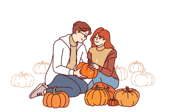 Couple Of Lovers Holding Pumpkin Working Together On Farm Growing Organic Vegetables And Fruits Man And Woman In Love Smiling Harvesting Pumpkin For Halloween Or Thanksgiving Holiday Illustration
