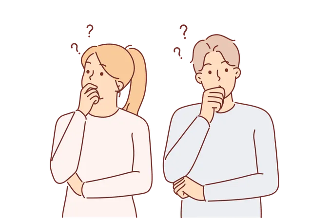 Thoughtful Couple Touches Chins In Embarrassment When Pondering Important Question Or Showing Indecision Thoughtful Man And Woman Choosing Solution For Relationship Problem That Has Arisen Illustration