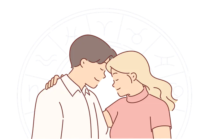 Romantic Couple And Horoscope Wheel Symbolizing Full Compatibility Of Man And Woman With Different Zodiac Signs Hugging Guy And Girl Believe In Eastern Horoscope Or Want To Start Family Illustration