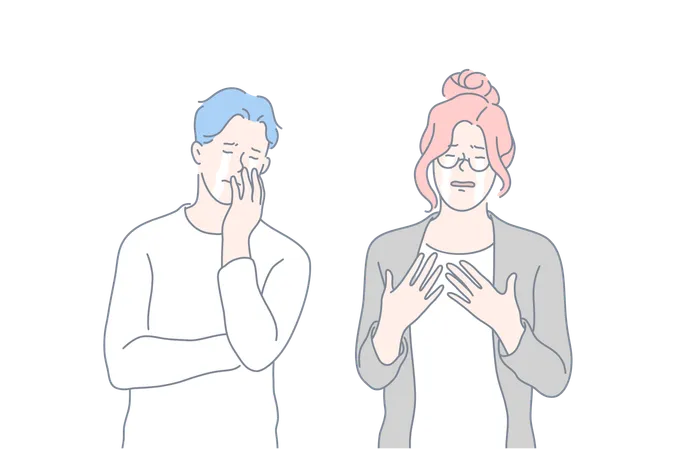 Sorrow Loss Crying Stress Set Concept Young Couple Cries Feeling Sorrow Grievous Loss Raises Stress Level Man And Woman Sorrow And Weep Boy And Girl Cant Stop Shed Tears Simple Flat Vector イラスト