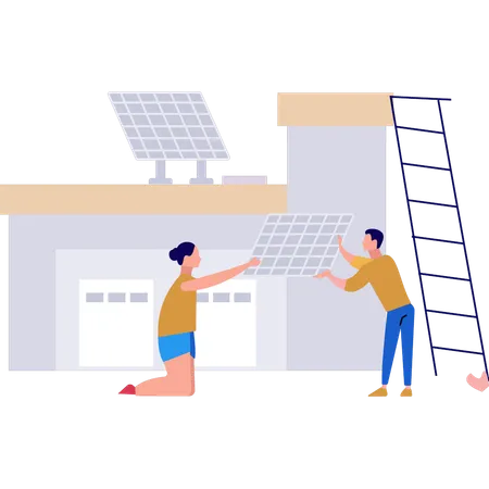 A Girl And A Boy Are Installing Solar Panels On The Roof Illustration