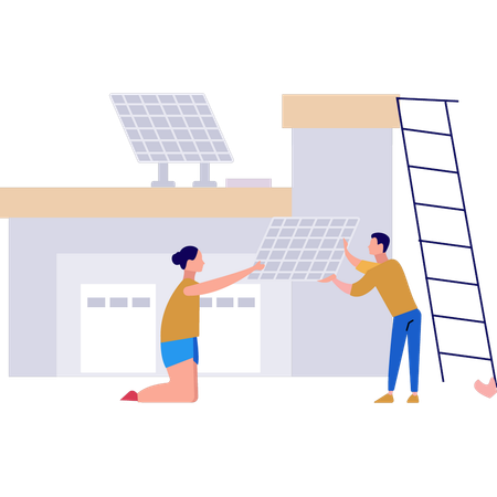 Couple is installing solar panel  Illustration