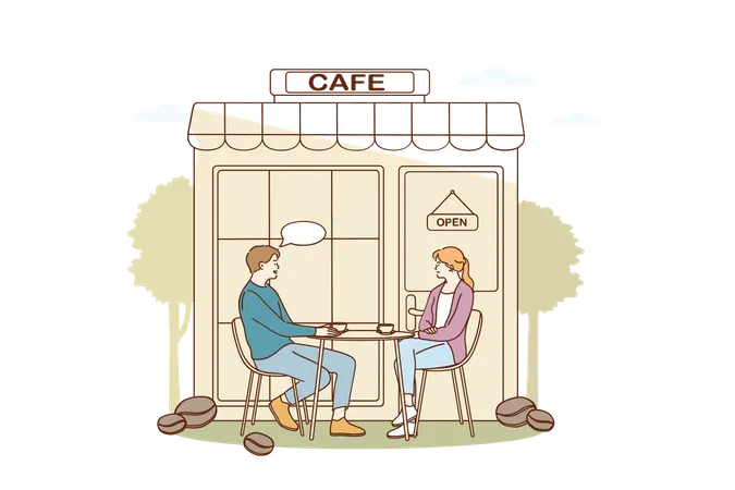 Coffee Shop And Cafeteria Concept Young Smiling Couple Cartoon Characters Sitting Outdoors Drinking Coffee And Chatting In Cafeteria Vector Illustration Illustration