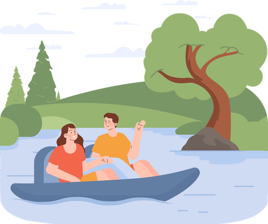 Couple is paddling boat  Illustration