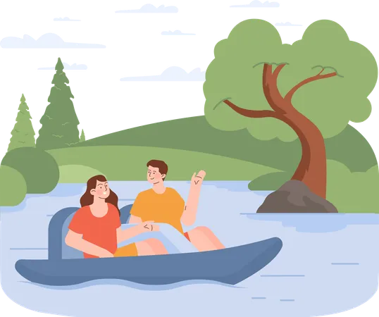 Couple is paddling boat  Illustration