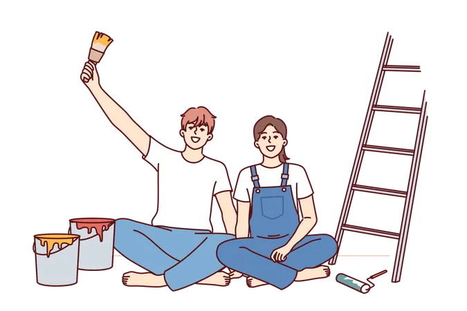 Couple Makes Repairs In Apartment With Own Hands And Sits On Floor Near Ladder And Buckets Of Paint For Painting Walls Cheerful Man And Woman Rejoice At Opportunity To Make Diy Repairs In Room 일러스트레이션